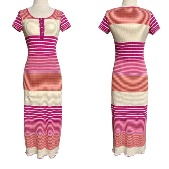 90s vintage Esprit t-shirt dress stripe pattern ribbed short cap sleeve maxi. - Picture 7 of 10